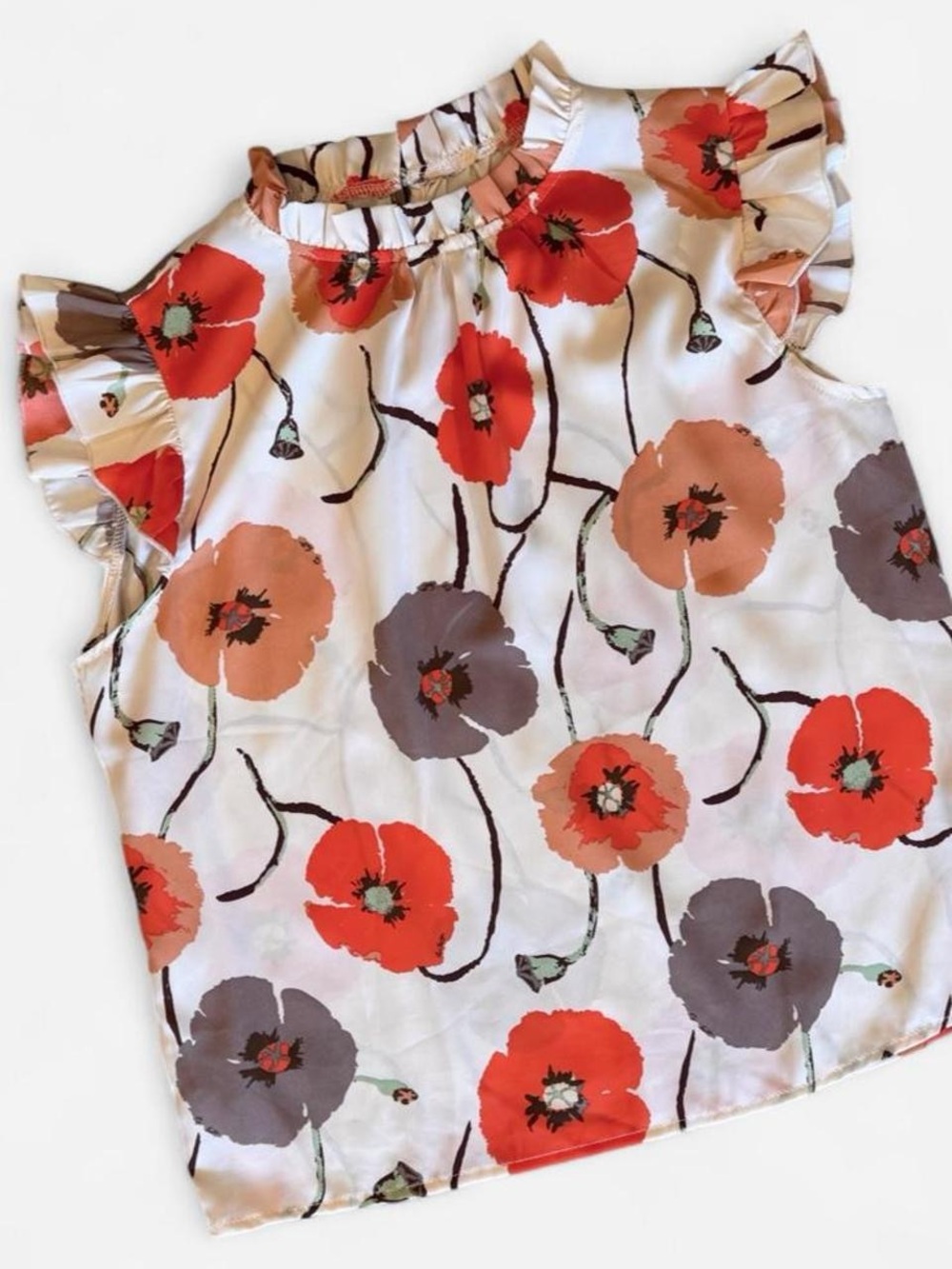 Poppy Floral Ruffle Neck Sleeveless Blouse Medium